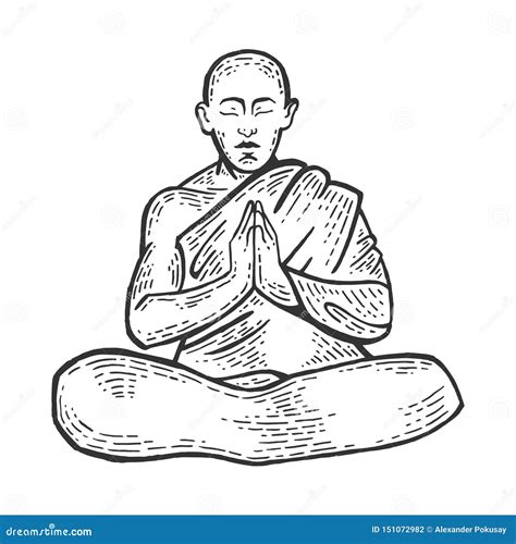 Buddhist Monk Meditating Engraving Vector Stock Vector Illustration