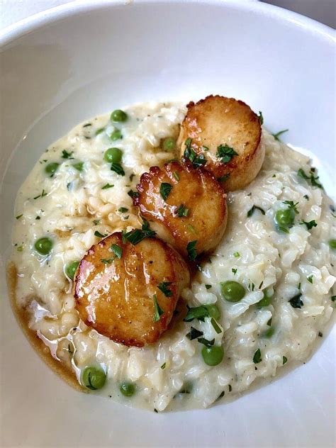 Lemon Butter Seared Scallops With Herby Pea Risotto Dining By Kelly