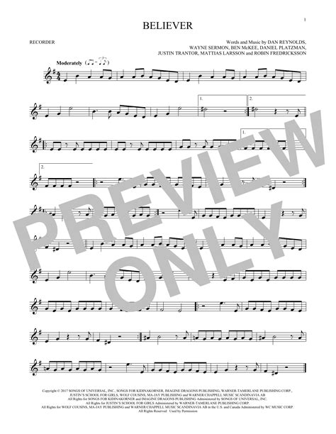 Believer Sheet Music Imagine Dragons Recorder Solo