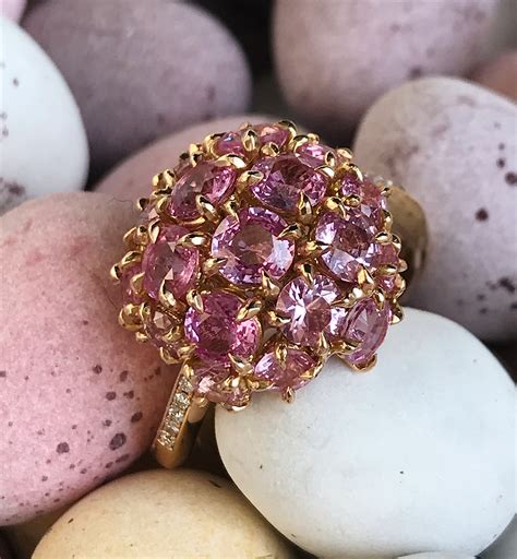 18ct Yellow Gold Pink Sapphire Cluster Ring Baroque Bespoke Jewellery