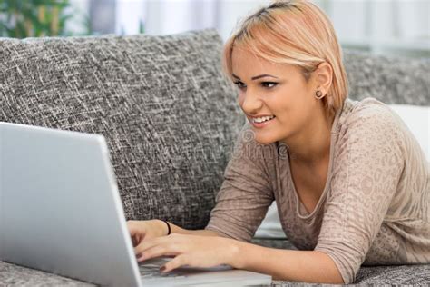 Girl Use Laptop For Social Media Stock Photo Image Of Gorgeous Arms
