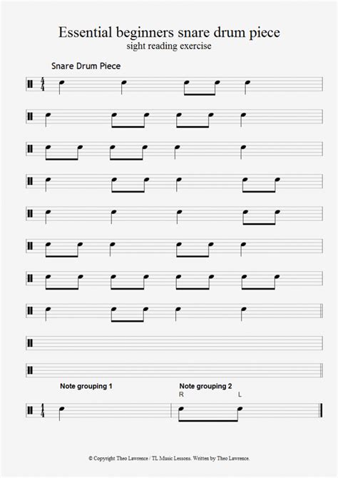 Easy Beginners Snare Drum Piece Sight Reading Exercise With Crotchets