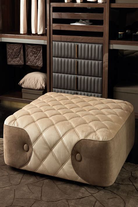 Designer Italian Nubuck Leather And Velvet Quilted Pouffe Living Room