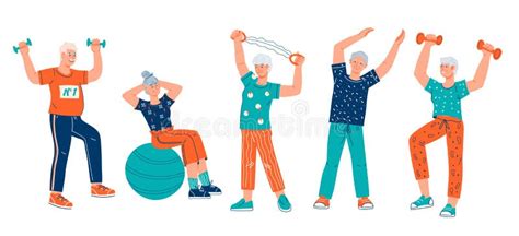 Elderly Senior Active People Cartoon Characters Doing Sport Exercises