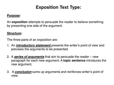 Live multimodal texts, for example, dance, performance, and oral storytelling, convey meaning through combinations of modes such as gestural, spatial activity 1: PPT - Exposition Text Type: Purpose : PowerPoint ...