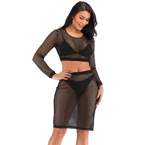 Sexy Sheer Black Mesh Long Sleeves Round Neckline Crop Top And Skirt