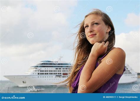 Beautiful Girl And A Cruise Ship Stock Image Image Of Relax Harbor 48090511