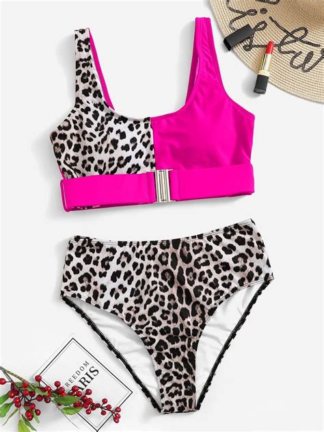 Contrast Leopard Buckle Waist Bikini Set Sponsored AD Buckle