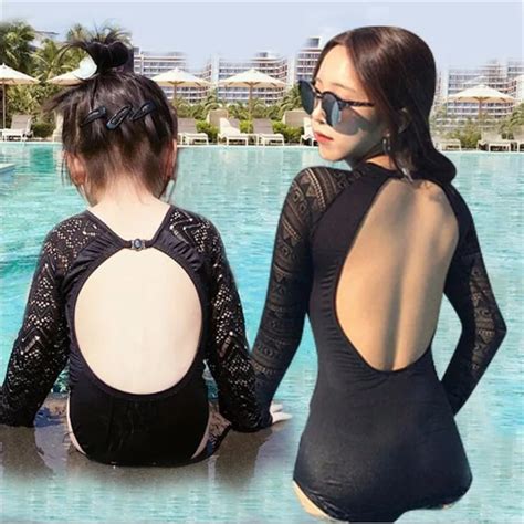 mommy and me one piece sunscreen swimsuit long sleeve mother daughter lace halter swimmer bikini