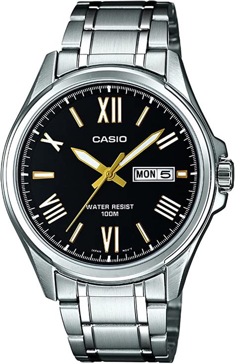 casio men s quartz watch with black dial analogue digital display and silver stainless steel