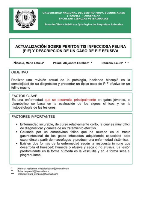 PDF ACTUALIZACIÓN SOBRE PERITONITIS INFECCIOSA FELINA PIF Las