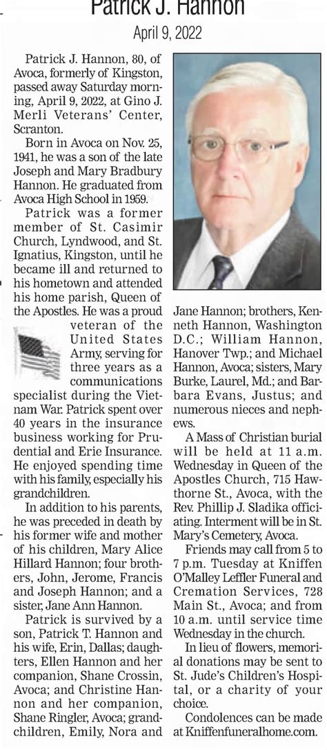 Obituary For Patrick J Hannon