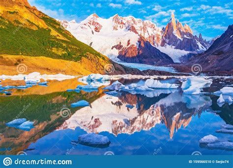 Amazing Sunrise View Of Cerro Torre Mountain By The Lake Los Glaciares