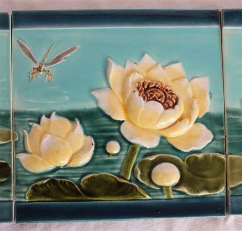 Art Nouveau Set Of Three 1900s Tiles Water Lilies And Dragon Fly From