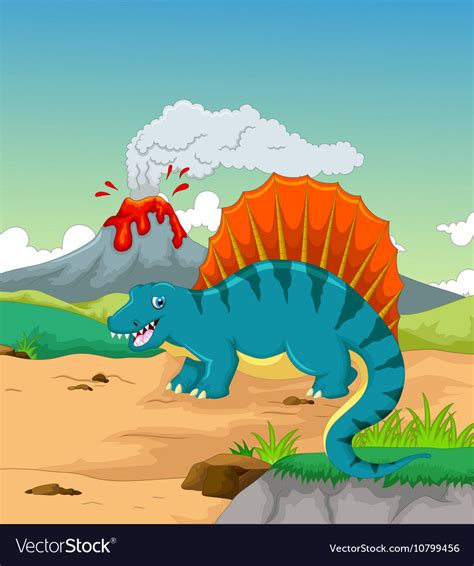Cute Dinosaur Cartoon With Volcano Background Vector Image
