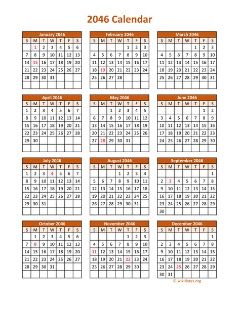 Full Year 2046 Calendar On One Page