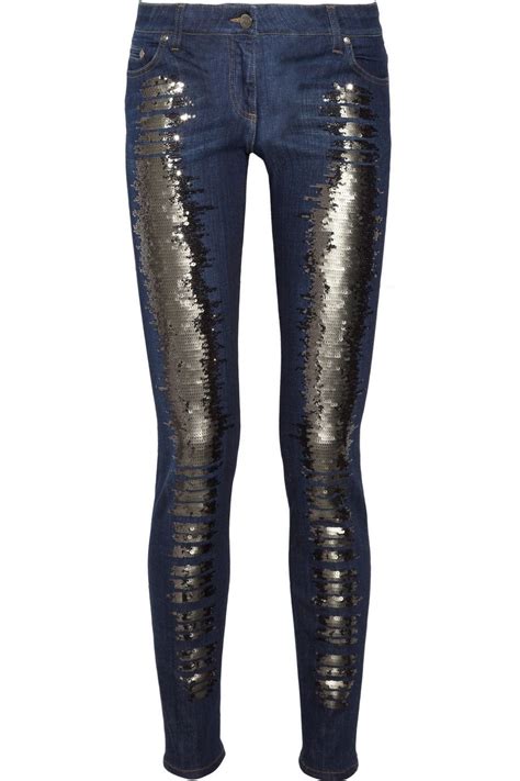Navy Sequin Embellished Mid Rise Skinny Jeans Roberto Cavalli Mid
