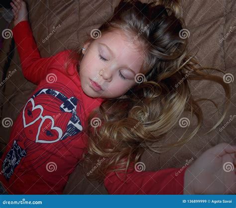 Little Young Kid Closed Her Eyes Praying Dreaming In Bedroom Stock