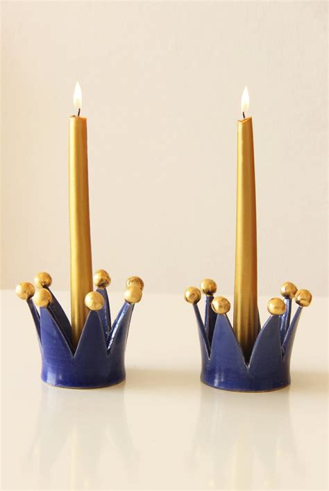 golden crown ceramic candle holder cobalt blue by clayoflight