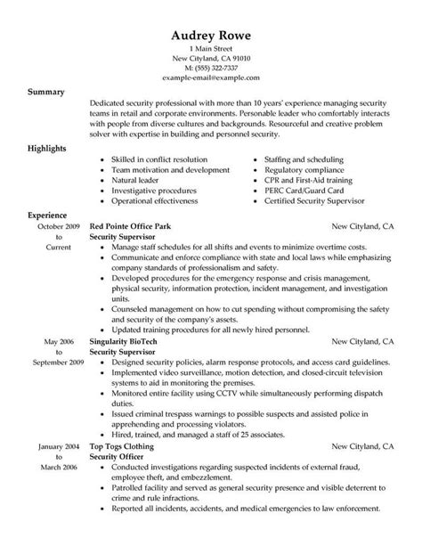 Sample resumes of security officers show such responsibilities as executing hourly surveillance of grounds and personnel to ensure public safety, and generating daily activity for more information on what it takes to be a security officer, check out our complete security officer job description. Best Security Supervisor Resume Example From Professional Resume Writing Service