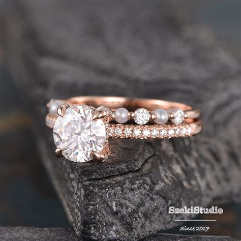 Pearl Moissanite Engagement Ring Set Rose Gold Wedding Ring Etsy