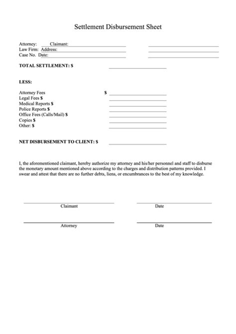 Settlement Disbursement Sheet Printable Pdf Download