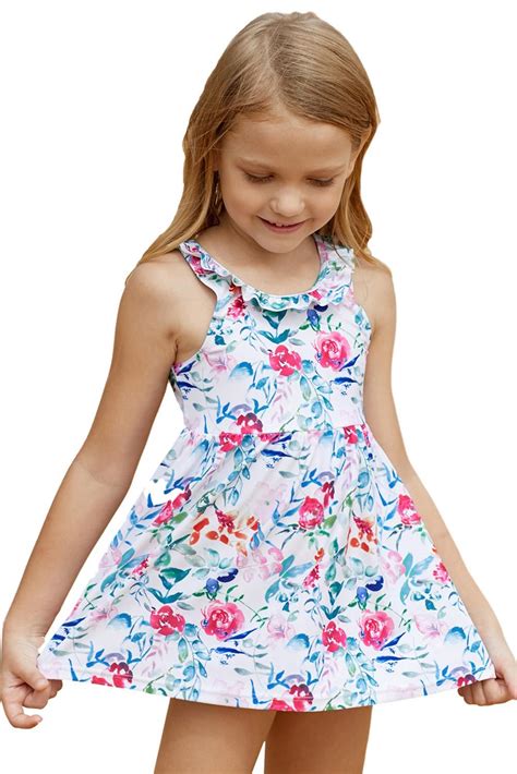 Floral Pattern Toddler Ruffle Neckline Girls Dress Swim Cute Girl