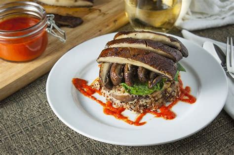 Quinoa And Portabello Mushrooms Stacks With Roasted Red Pepper Coulis