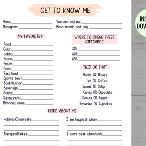 Printable All About Me Co Worker Questions Employee Etsy Israel