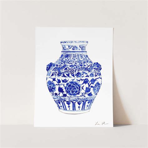 Print Of Watercolor Painting Of A Blue And White Ginger Jar In A