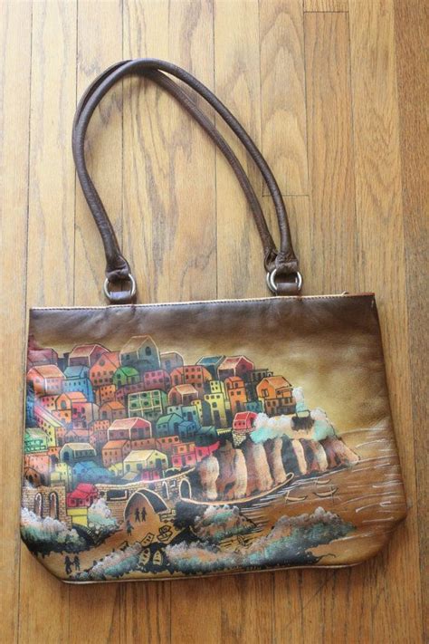 Vintage 90s Hand Painted Leather Pursetote Bag By Biacci Inc On Etsy