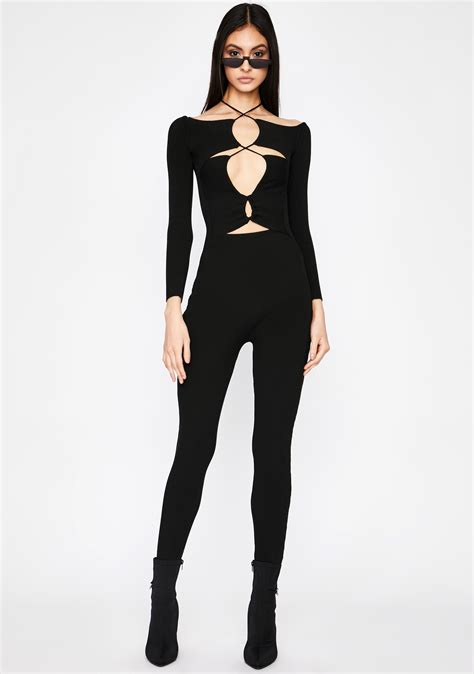 Long Sleeve Cut Out Lace Up Catsuit Black Dolls Kill