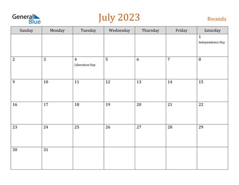 Rwanda July 2023 Calendar With Holidays