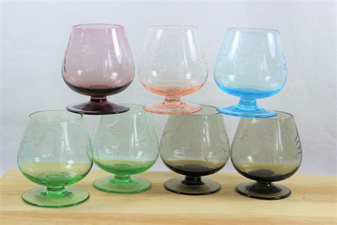 Set Of 7 Small Etched Glass Colored Brandy Snifters Cordial Glasses