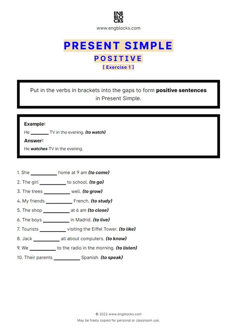 Present Simple Positive Exercise Worksheet English Grammar