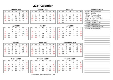 Free Printable Calendar 2031 Word Pdf Excel