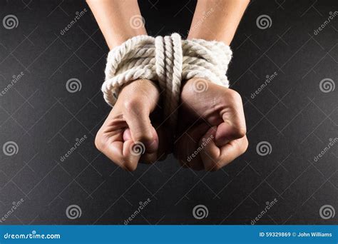 Female Hands Bound In Bondage With Rope Stock Image Image Of Criminal Finger 59329869