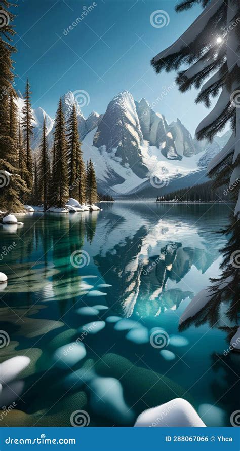 Crystal Clear Lake Surrounded By Towering Snowy Peaks Stock