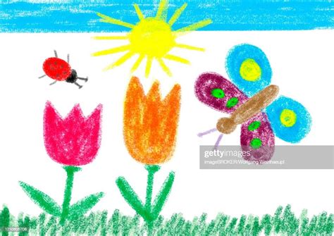 Naive Illustration Childrens Drawing Butterflies On The Flower Meadow