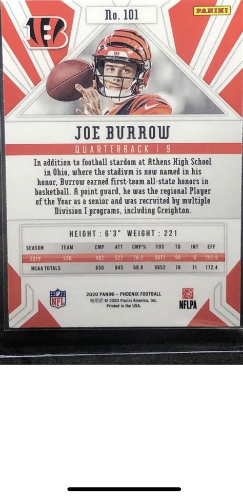 Joe Burrow Rookie Card 2020 Nfl Panini Phoenix Cincinnati Etsy