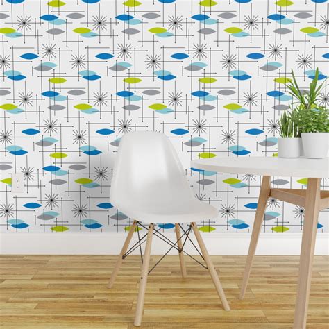 Peel And Stick Removable Wallpaper Atomic Blue Green Mid Century Modern