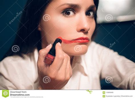Crazy Cheerful Woman Applying Lipstick Stock Photo Image Of