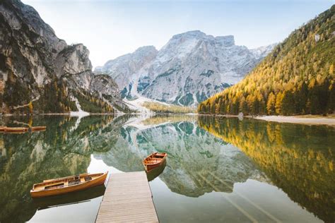 Lago Di Braies In Fall Dolomites South Tyrol Italy Stock Image