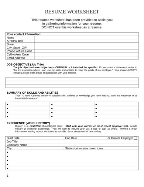 Resume Worksheets For Students — Db