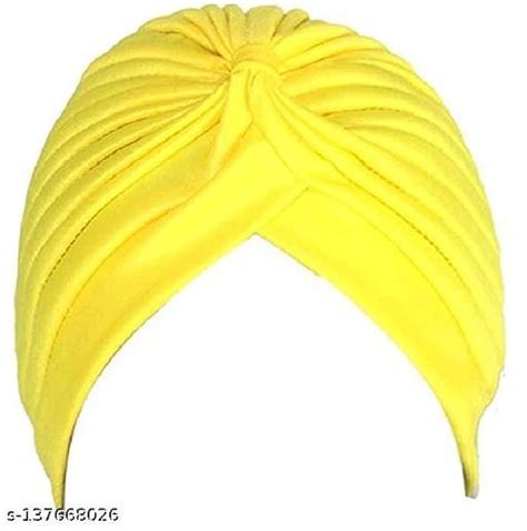 Yellow Pleated Readymade Polyester Turbanspagri Cap For Womens