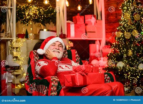 Santa Claus Relaxing In Arm Chair Bearded Senior Man Santa Claus Traditions Concept Elderly
