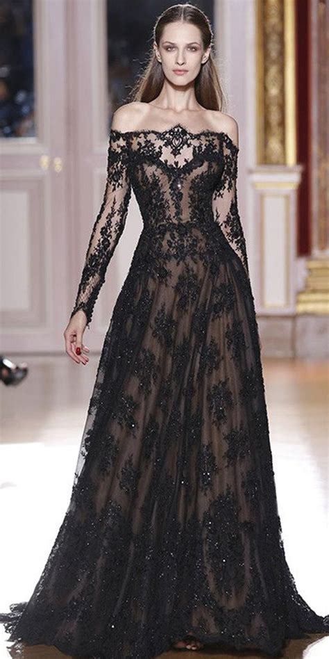 Romantic Long Sleeves Off The Shoulder Lace Appliques A Line Black Prom