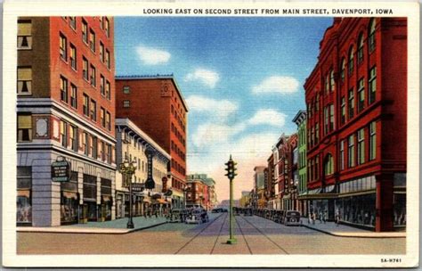 Davenport Iowa Postcard East On Second Street From Main Downtown