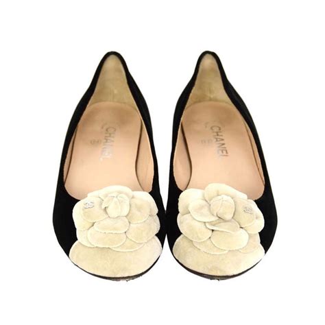 Chanel Black Velvet Ballet Flat Shoes With Cream Camellia Sz 41 At 1stdibs