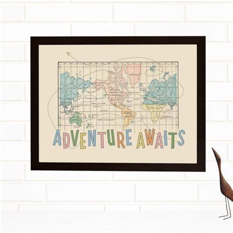 Adventure Awaits Vintage Map Art World Travel Map Fine Art Etsy